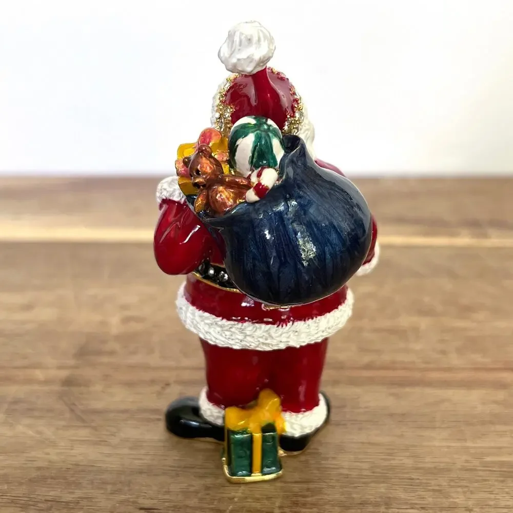 Bejeweled Santa Hinged Metal Enamel Trinket Box Santa Sack Gifts Christmas
